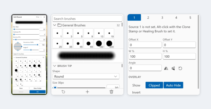 Lamella Studio brush picker, Brushes panel and Clone Source panel