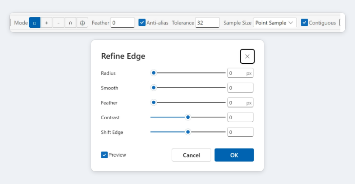 Lamella Studio selection options bar and Refine Edge dialog