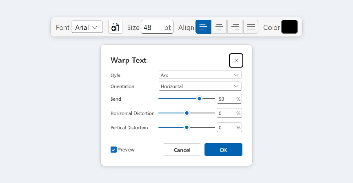 Lamella Studio type options bar and Warp Text dialog