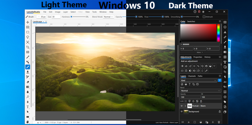 Lamella Studio On Windows 10 - Main window, light and dark theme