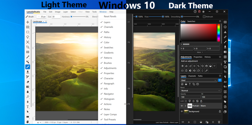 Lamella Studio On Windows 10 - Window menu: 27 panels, docked or collapsed to icons