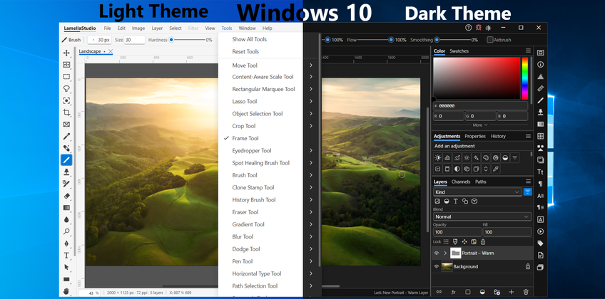 Lamella Studio On Windows 10 - Tools menu: 70 tools in 22 palette slots