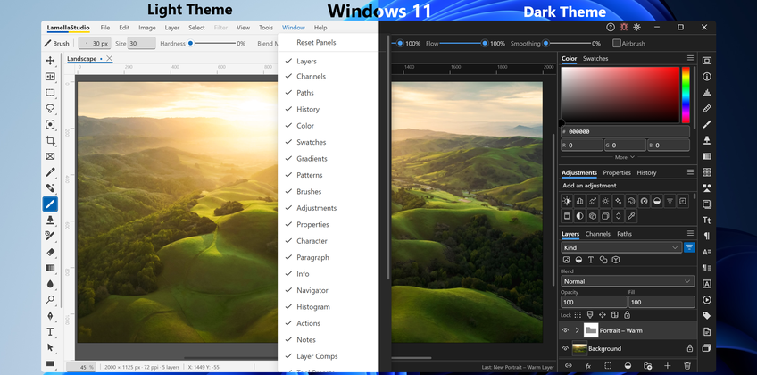 Lamella Studio On Windows 11 - Tools menu: 70 tools in 22 palette slots