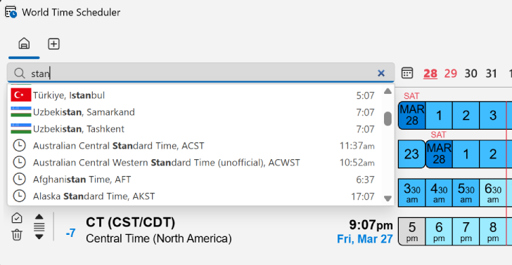 World Time Scheduler Intuitive but rich search